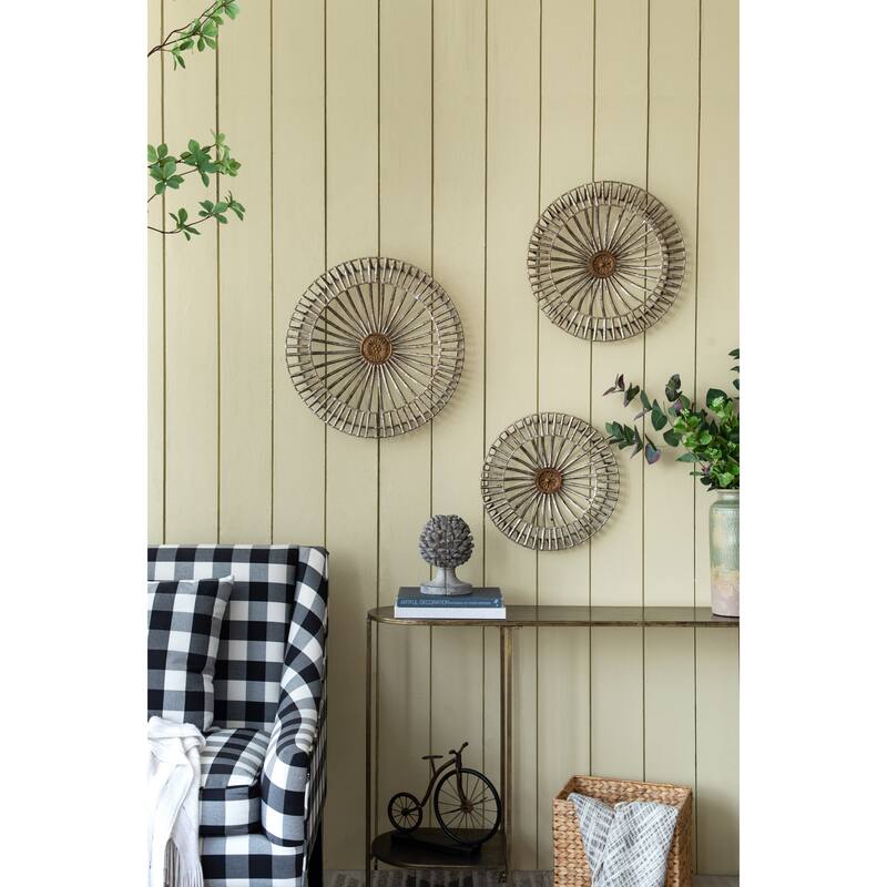 Set of 3, Modern Jennings Discs Wall Decor with Shield Design and Floral Pattern, for Fireplace Mantel Above Desk