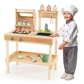 Gymax Wooden Barbecue Grill Playset w/ Play Food Grilling Tools &