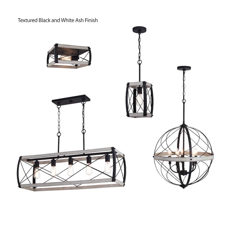 Montclare 5L Black and White Ash Wood Farmhouse Cage Linear Chandelier Island Pendant Light Fixture