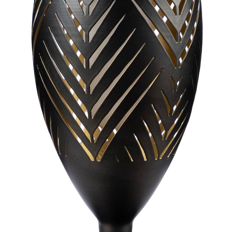 Glitzhome 8.75"H Set of 2 Black Metal Cutout Geometric Pattern Solar Powered Outdoor Lantern with LED Light