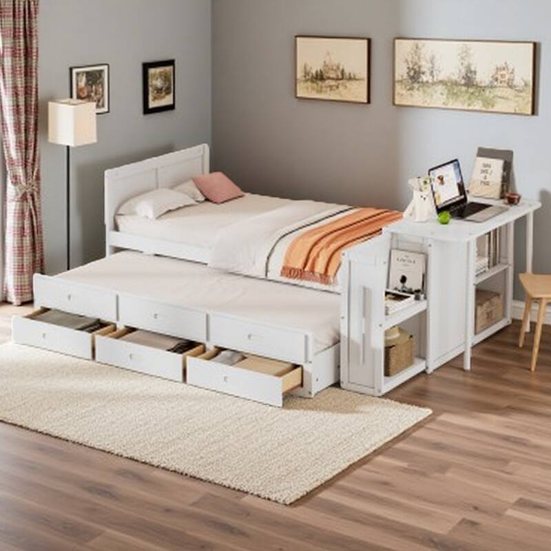 Twin Wood Platform Bed with Pull-Out Trundle, Built-in Desk, End Storage Shelf & 3 Drawers, for Kids or Teens - White