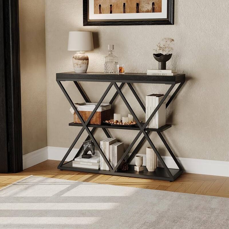 3-Tier X-Shaped Console Table, Entryway Table with Storage Shelf