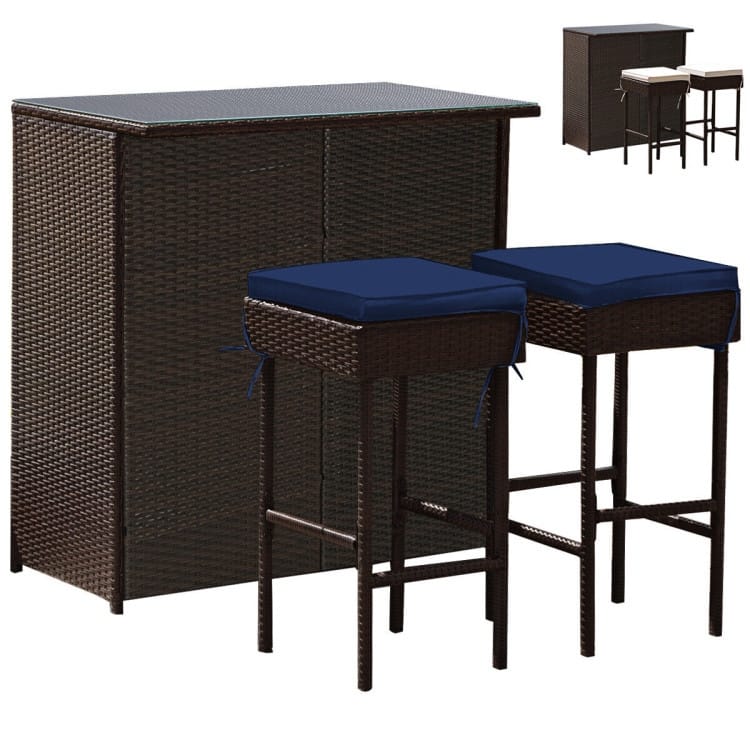 3-Piece Patio Rattan Wicker Bar Set with 2 Cushioned Stools for Outdoor Entertaining - 40" x 24" x 41.5" (L x W x H)