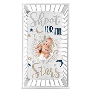 Star and Moon Boy Girl Photo Op Fitted Crib Sheet - Navy Blue Gold Grey Celestial Sky Gender Neutral Unisex Shoot for the Stars