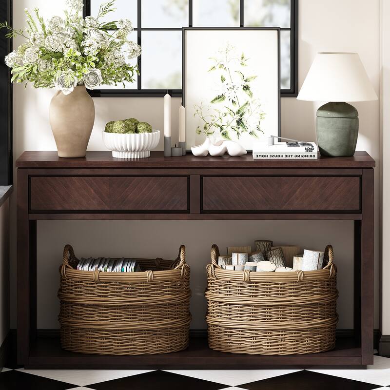 55" Rustic Wooden Entryway Console Table with Storage Drawers & Open Shelf