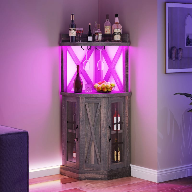 72" Tall Farmhouse Corner Bar Cabinet with Glass Door & LED Lights
