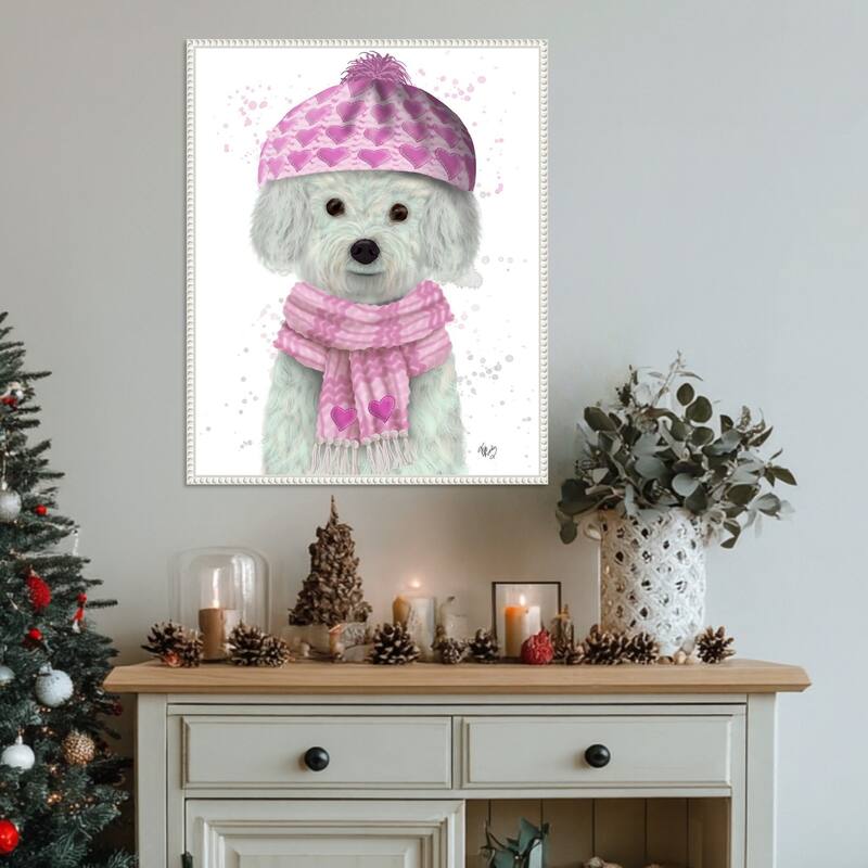 Bichon Frise in Pink Bobble Hat by Fab Funky (23 x 28 in.), Framed Canvas Wall Art Print - Sylvie Beaded White