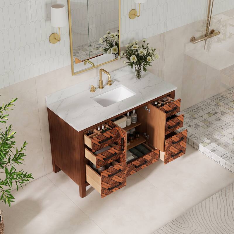 48" Freestanding Bathroom Vanity with Engineered Stone Top, Ceramic Sink, Built-In Power Outlet, and Hair Dryer Storage