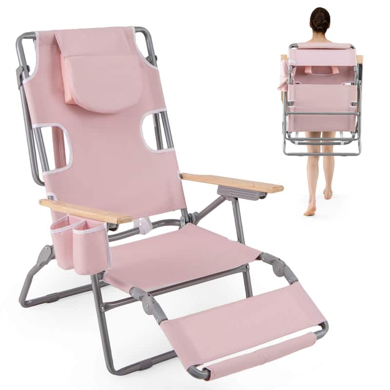 Costway 1/2 PCS 3-IN-1 Foldable Beach Chair with Face Hole, Footrest, - Beige-1 PCS