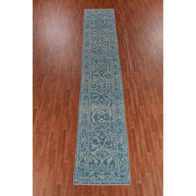 Hand Knotted Oriental 100% Wool Carpet Transitional All-Over Navy Blue & Blues Oushak Runner Rug - 17' 4'' X 3' 2''