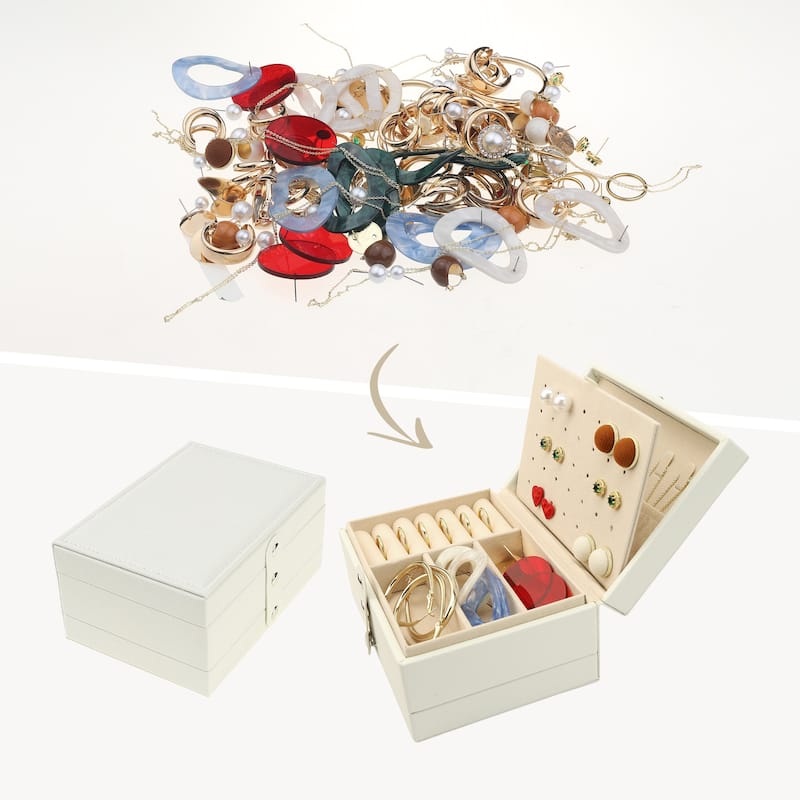 2 Layer Jewelry Box for Women Girls Birthday Gifts, PU Leather Jewelry Organizer Case Storage Display for Earring Necklace - Beige