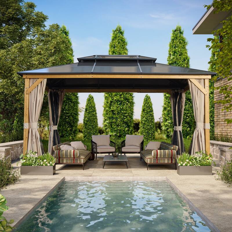 EROMMY Outdoor Wood Gazebo with Double Polycarbonate Roof, Heavy Duty Backyard Patio Pergola Canopy for Garden Shade