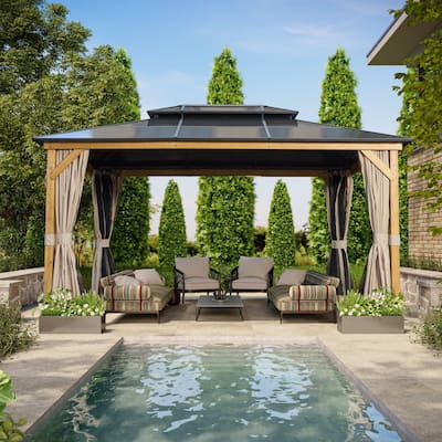 EROMMY Outdoor Wood Gazebo with Double Polycarbonate Roof, Heavy Duty Backyard Patio Pergola Canopy for Garden Shade