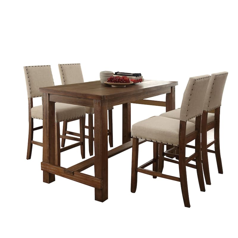 Counter Dining Table Set With Center Beam, Brown and Beige