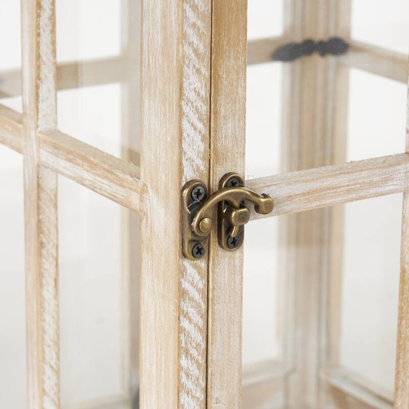 Brown or Light Brown Wood Lighthouse Style Decorative Indoor Outdoor Candle Lantern with Black Ring Handle