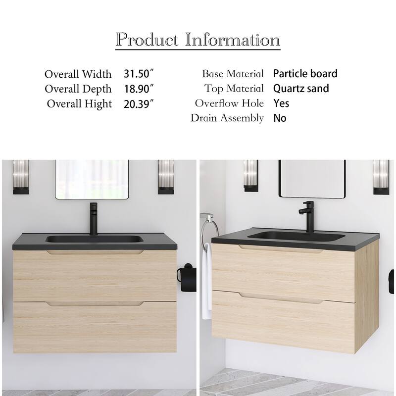 Floating Bathroom Vanity in Evita Oak with Integrated Quartz Sand Top