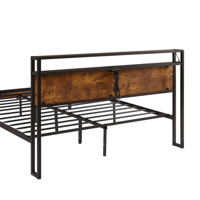 King Size Metal Platform Bed with Wooden Headboard and Footboard, USB Charging Station, 2 Drawers, and LED Lights.