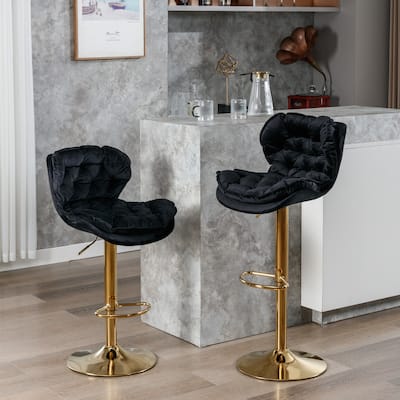 Velvet Adjustable Barstools Dining Bar Chairs Swivel Foot Stools (Set of 2), Black