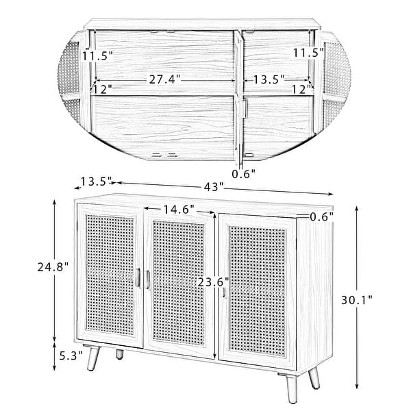 dimension image slide 2 of 6, Filippo Traditional Rattan 3-Door Sideboard Cabinet by HULALA HOME