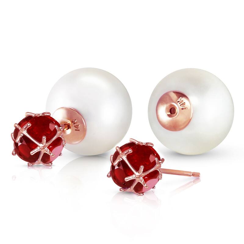 14K Solid Gold Tribal Double Shell Pearls And Rubies Stud Earrings