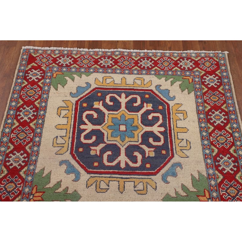 Beige Kazak Runner Rug Hand-Knotted Wool Carpet - 3'3" x 6'10"