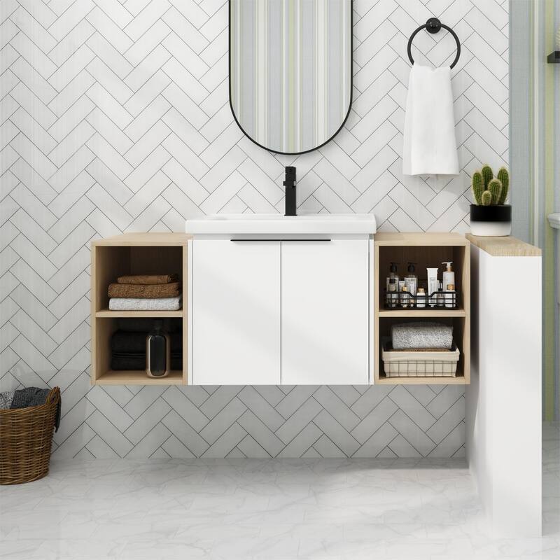 ARTCHIRLY 24/36/48/60/72/84 Inch Bathroom Vanity with Sink, Floating Bathroom Vanity with Soft Close Door and Shelf - 47.7''W - White-Ceramic Sink