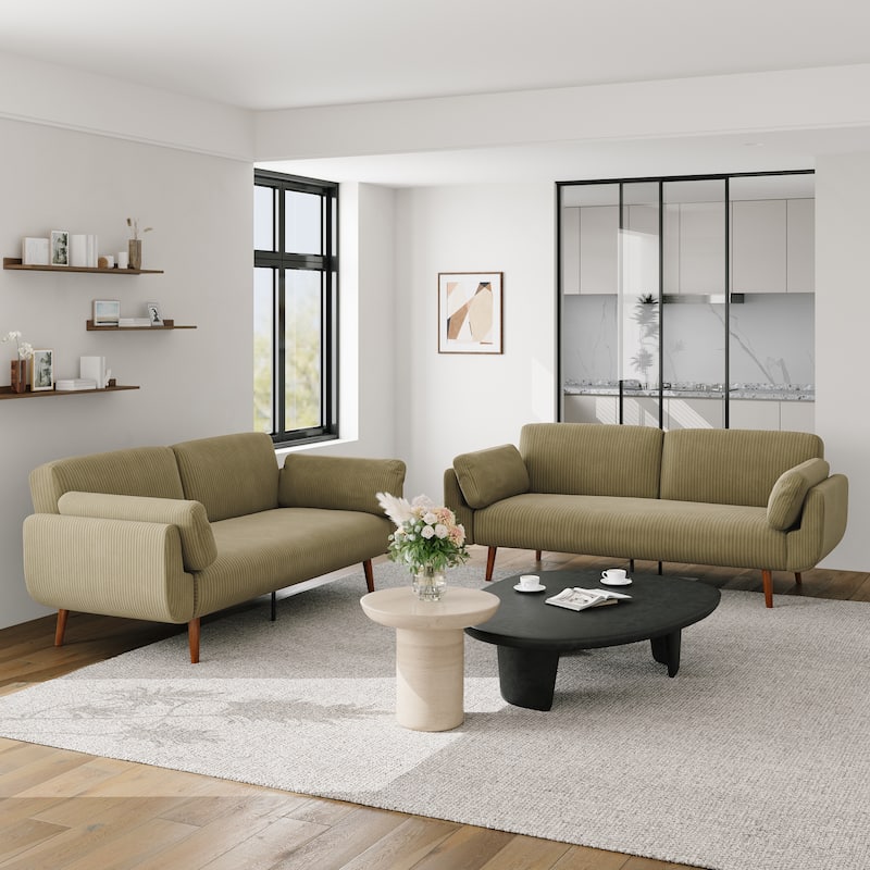 2 Set 73.5" W Upholstered Convertible Sleeper Sofa Bed with Pillows - Khaki