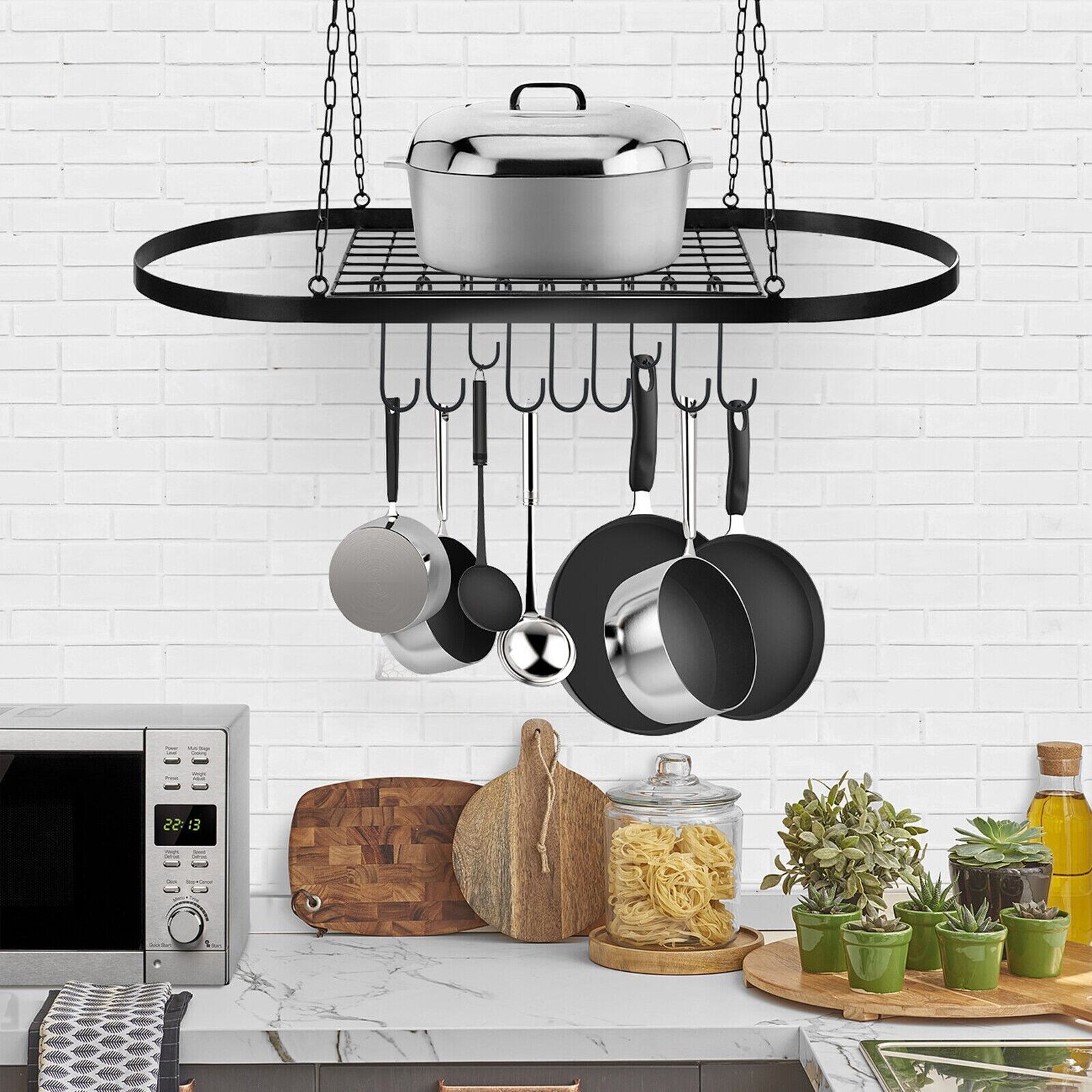 Matte Black Kitchen Oval Hanging Pot and Pan Rack 10 Hooks 31.5x16.5x20.9inch On Sale Bed Bath Beyond 36764906