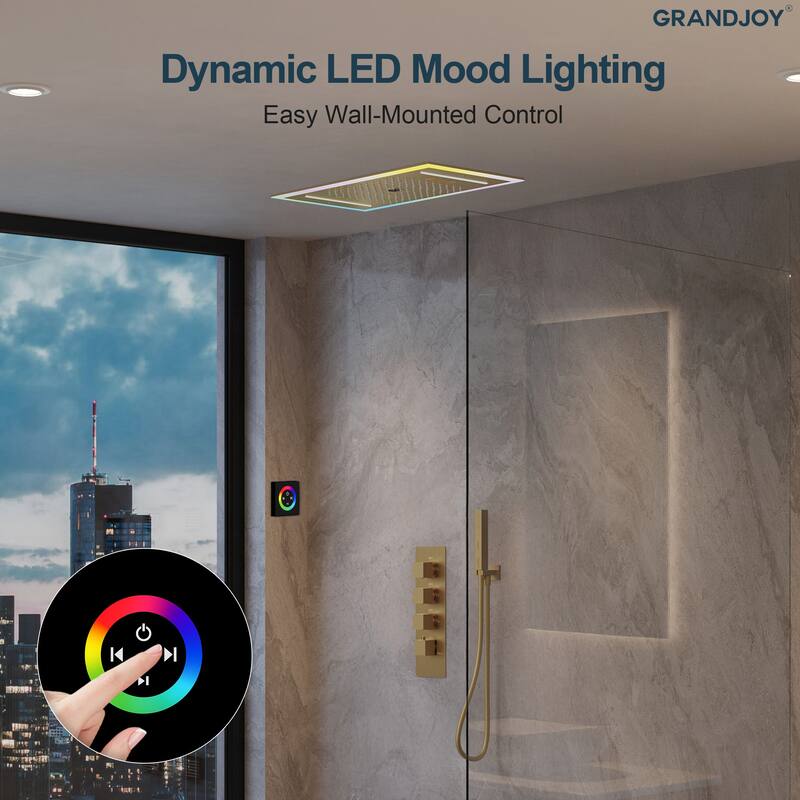 GRANDJOY Thermostatic Triple-Function LED Rain and Waterfall Shower System with Handheld and Built-In Music