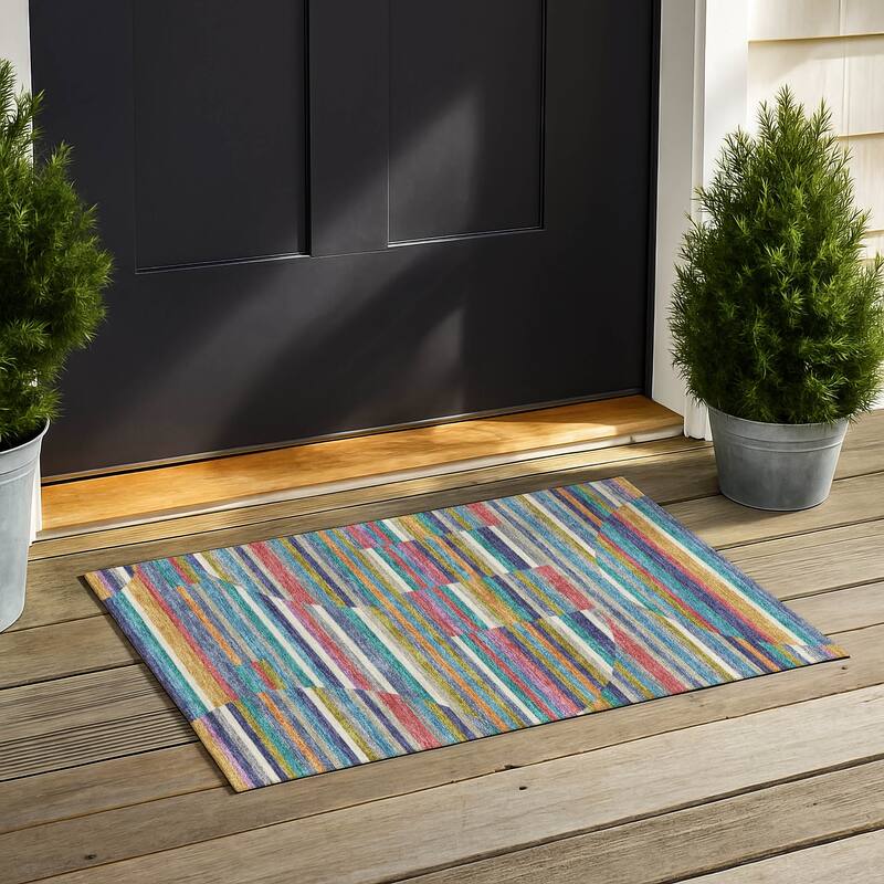 Machine Washable Indoor/ Outdoor Modern Cokedale Chantille Rug - Teal - 1'8" x 2'6"