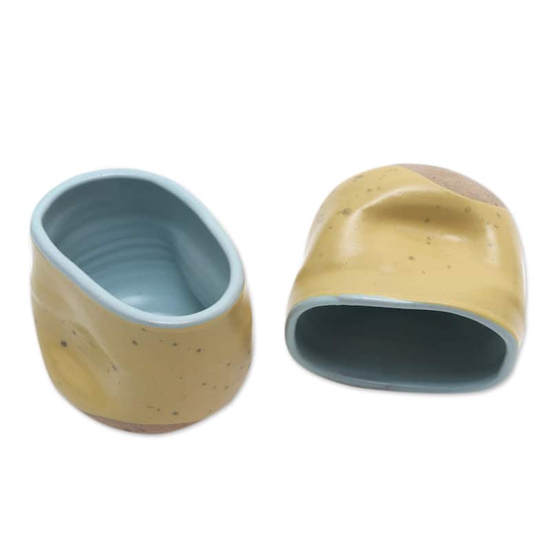 Novica Handmade Yellow Squeeze Ceramic Teacups (Pair)