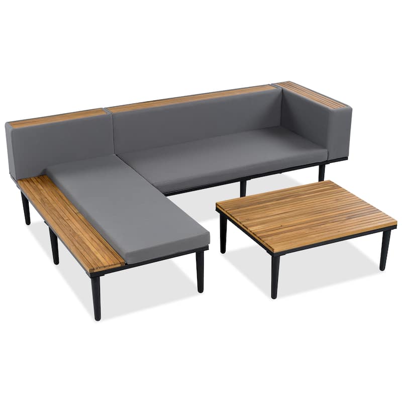 Roomfitters L-Shaped Outdoor Sectional Sofa Set with Built-in Wood Side Tables and Coffee Table, Patio Conversation Set