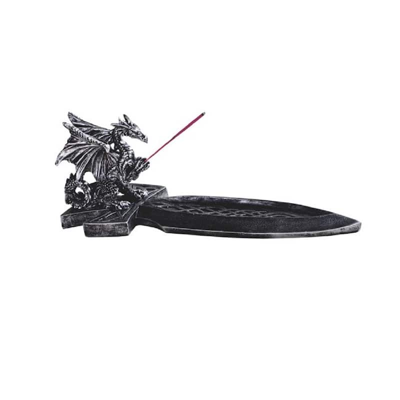 Q-Max 10.25"W Silver Dragon with Sword Incense Burner Sticks Holder