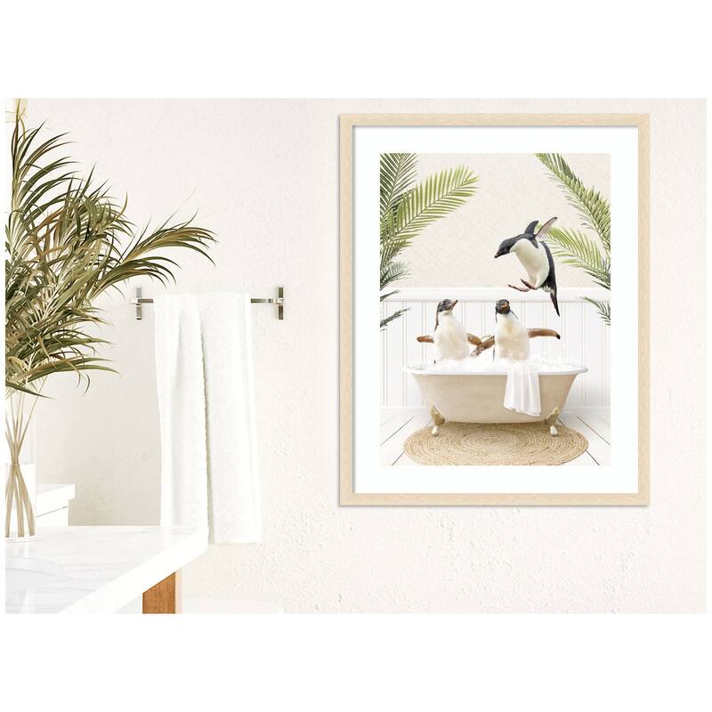 Kate and Laurel Penguins in Palms Bath by Amy Peterson Framed Wall Art Print