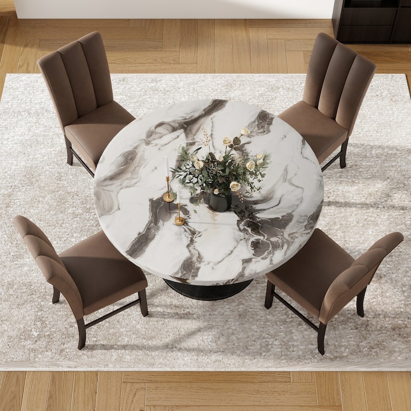 Roundhill Furniture Cavira 5-Piece Modern Dining Set, Round Faux Marble Dining Table with Four Chairs