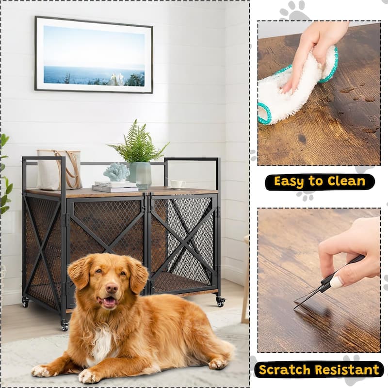 Dog Crate Furniture with Cushion, Double Doors, End Table Design