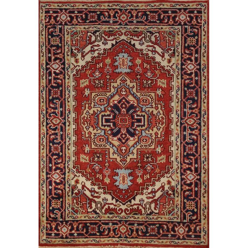 Geometric Heriz Serapi Oriental Rug Orange Handmade Wool Carpet - 4'0"x 5'10"