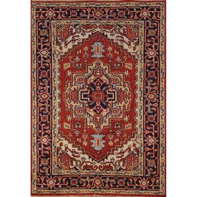 Geometric Heriz Serapi Oriental Rug Orange Handmade Wool Carpet - 4'0"x 5'10"