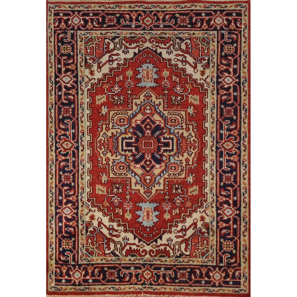 Geometric Heriz Serapi Oriental Rug Orange Handmade Wool Carpet - 4'0"x 5'10"