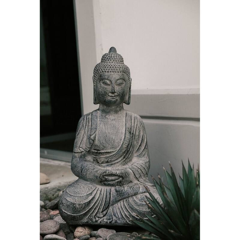 XBrand Indoor Outdoor Polyresin Meditating Sitting Buddha Zen Statue, 23.6 Inch Tall, Grey