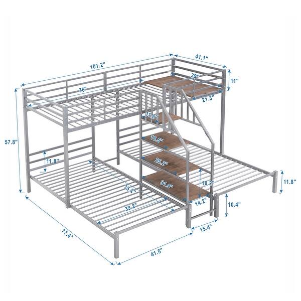 dimension image slide 1 of 2, Metal Twin Over Twin & Twin Bunk Bed with Ladder, Guardrails - 3 Beds
