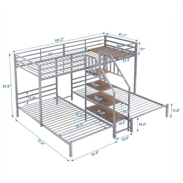 Metal Twin over Twin Triple Bunk Kids Bed Frame with Storage Shelves, Staircase and Safety Guardrails for Bedroom, Silver