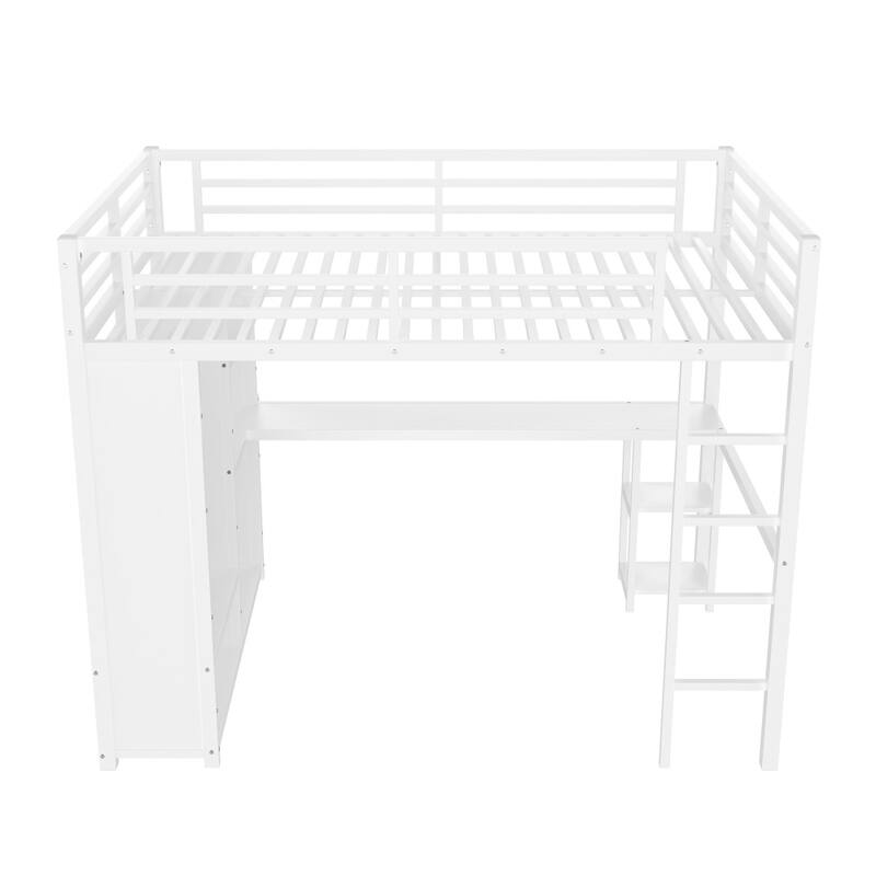 Queen Size Loft Bed Frame with Built-in Wardrobe,Desk and Storage Shelves
