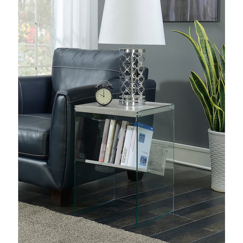 Retro End Table with Storage - Stylish Accent Table, Tempered Glass Top, Birch Finish, Living Room Decor - 23.75