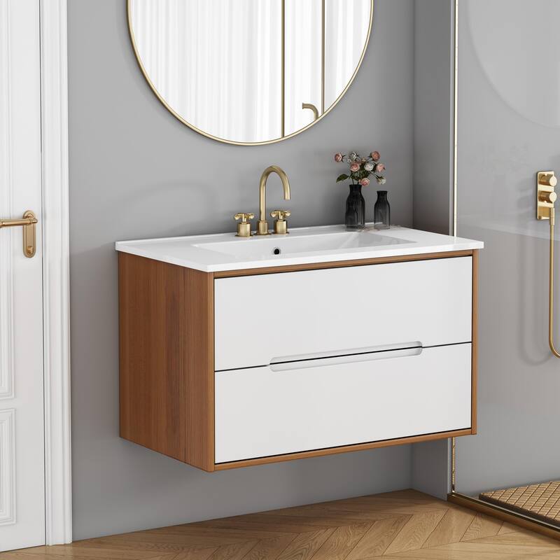 32 Inch Floating Bathroom Vanity with Sink & Double Drawers, Wall-Mounted Bathroom Vanity Base with Ceramic Basin