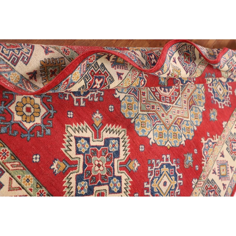 Geometric Kazak Oriental Area Rug Handmade Red Wool Carpet - 4'11" x 7'1"