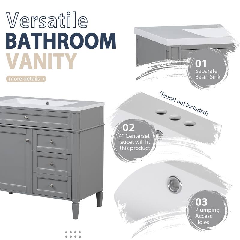 GDFStudio - Kendale Modern Bathroom Vanity Set with Resin Sink, Mirror Storage Cabinet with 6 Open Shelves & a Tip-out Drawer
