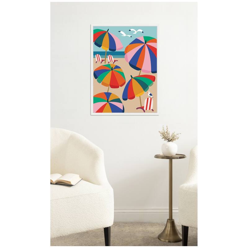 Kate and Laurel Coastal Beach Umbrellas by Rachel Lee Framed Canvas Wall Art Print