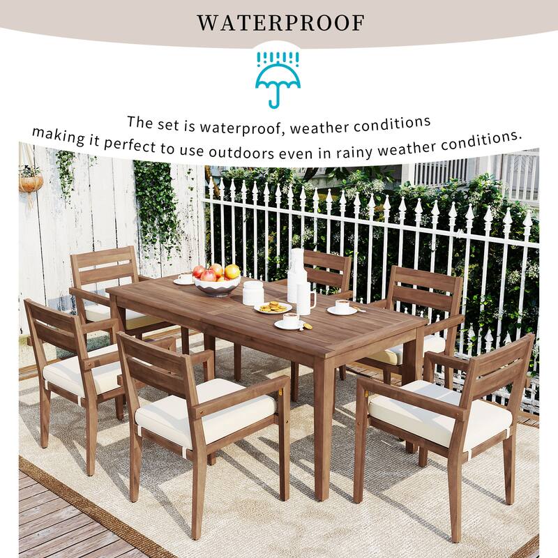 7-Piece Outdoor Patio Dining Set with 6 Armrest Chairs Acacia Wood Outdoor Dining Table and Chairs Set for Patio
