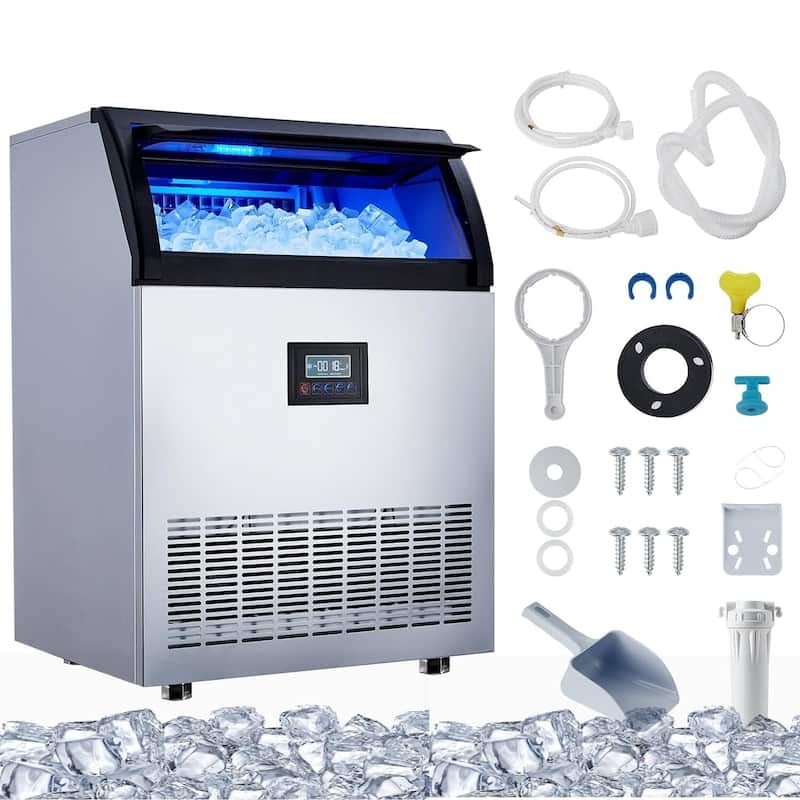 Commercial Ice Maker Machine, 200LB/24H Output, 55 lbs Storage Basket - Stainless Steel